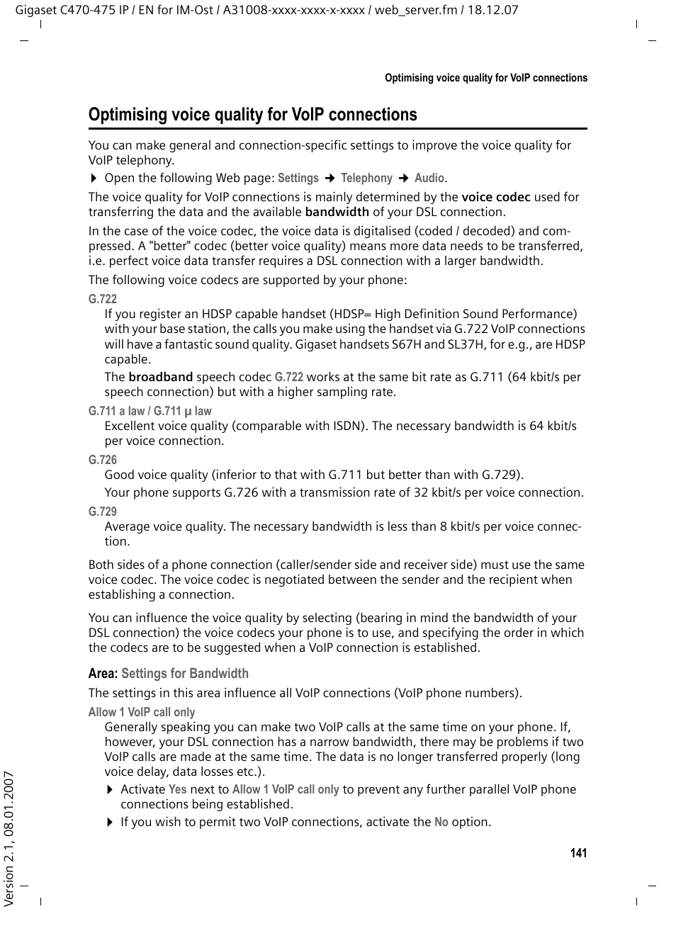 Optimising voice quality for voip connections | Siemens GIGASET C475 IP User Manual | Page 142 / 217