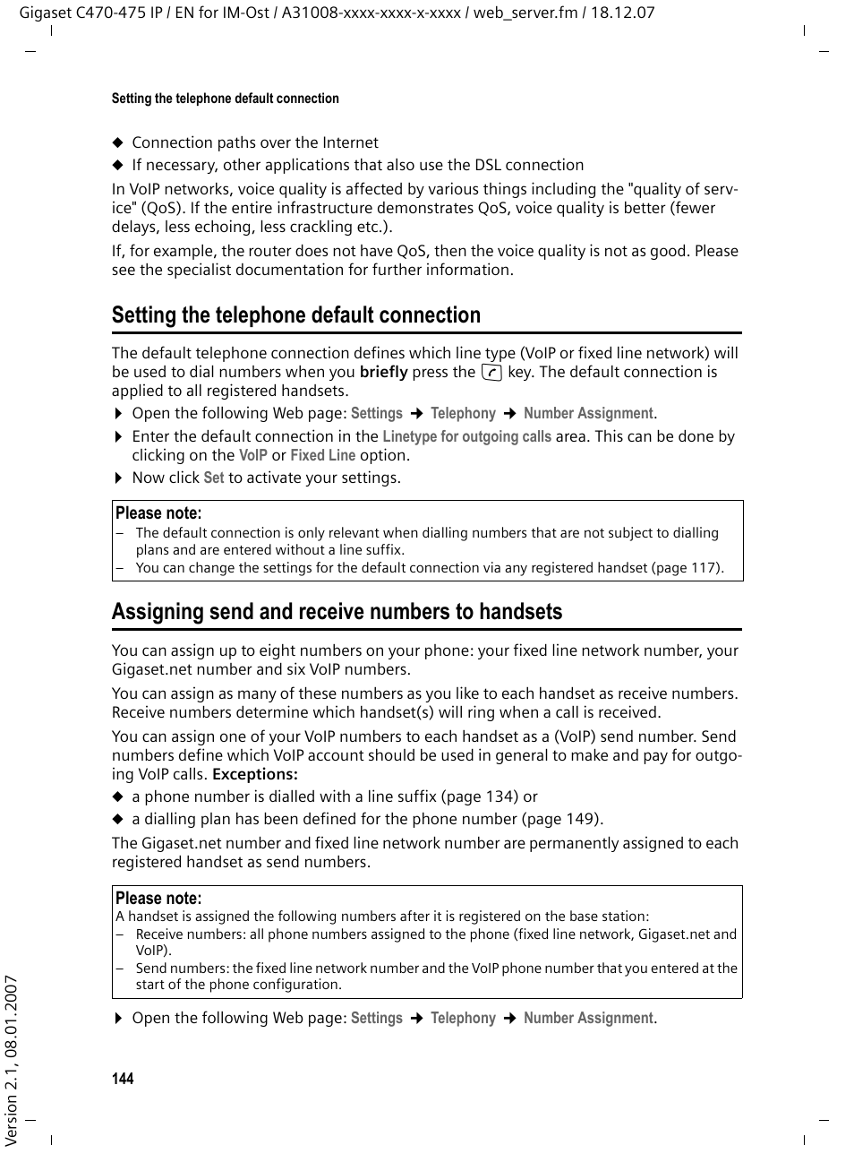 Setting the telephone default connection, Assigning send and receive numbers to handsets | Siemens GIGASET C475 IP User Manual | Page 145 / 217