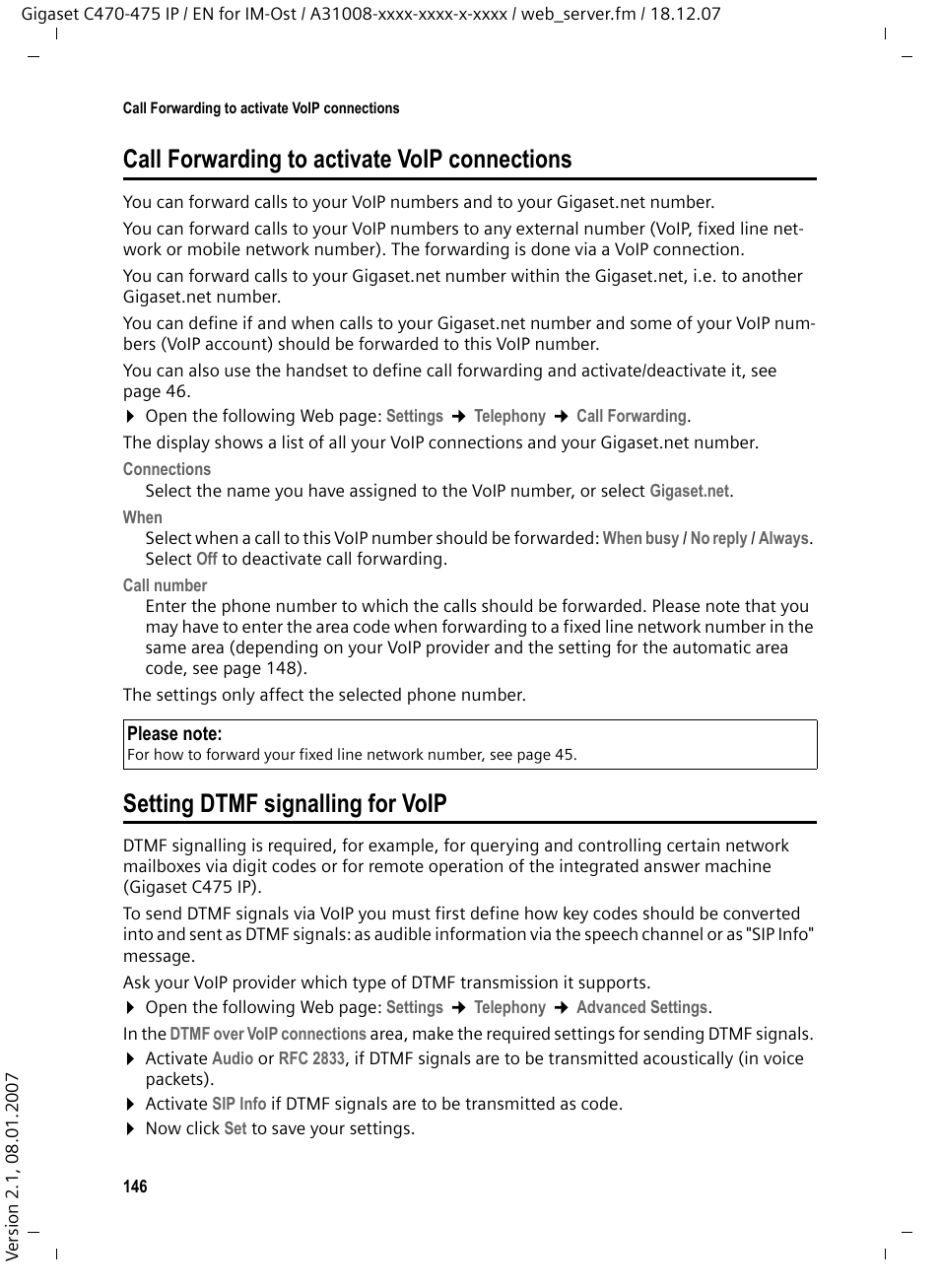 Call forwarding to activate voip connections, Setting dtmf signalling for voip | Siemens GIGASET C475 IP User Manual | Page 147 / 217