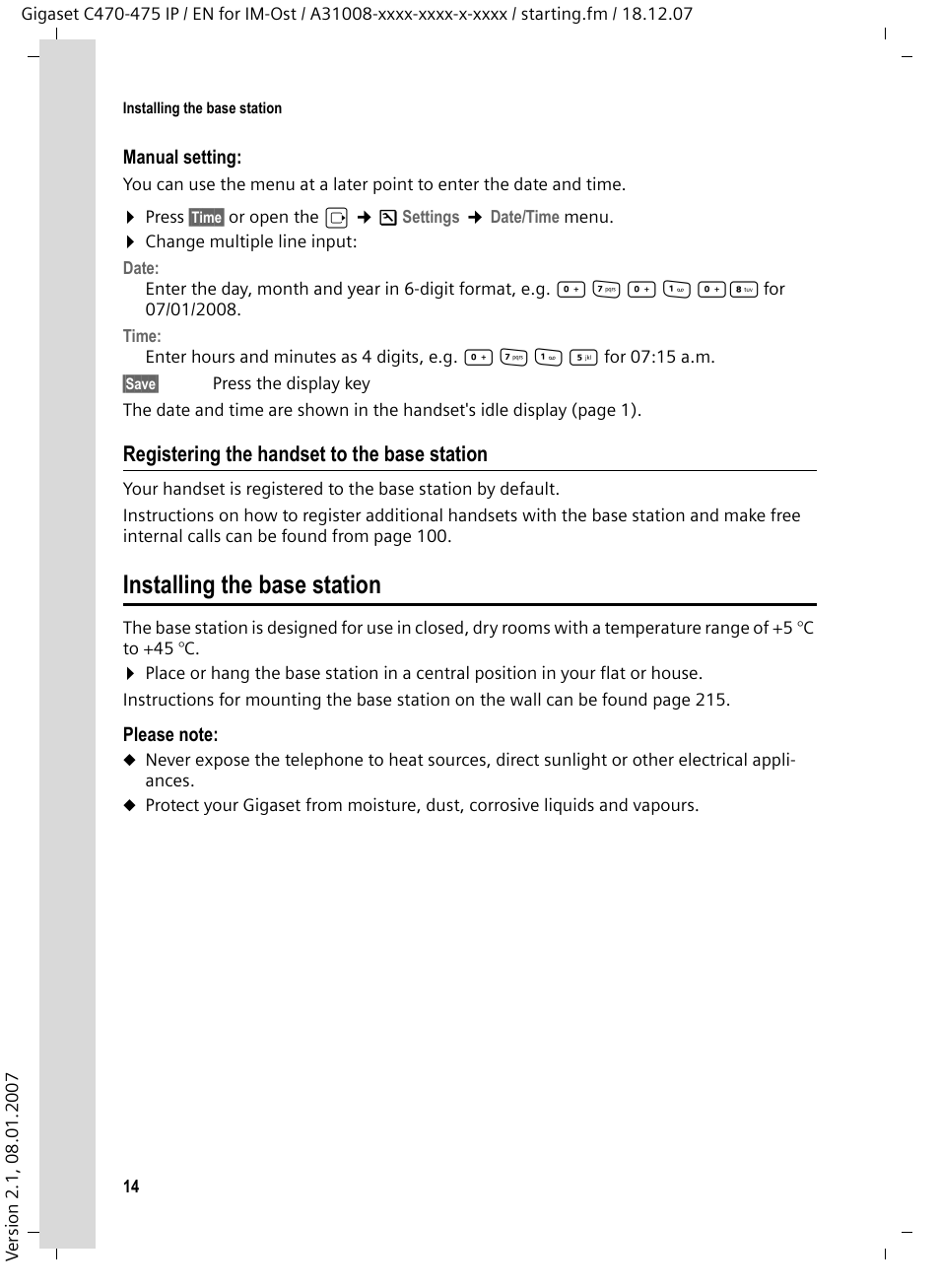 Registering the handset to the base station, Installing the base station | Siemens GIGASET C475 IP User Manual | Page 15 / 217