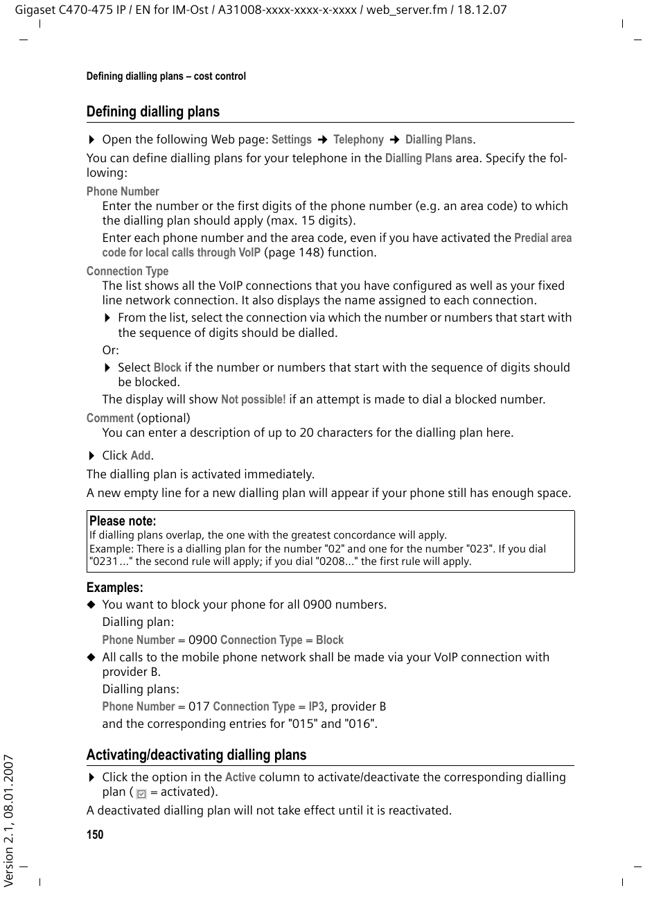 Activating/deactivating dialling plans | Siemens GIGASET C475 IP User Manual | Page 151 / 217