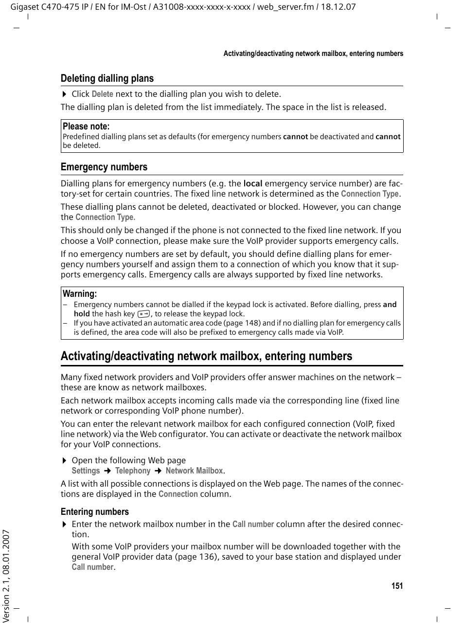 Deleting dialling plans, Emergency numbers | Siemens GIGASET C475 IP User Manual | Page 152 / 217