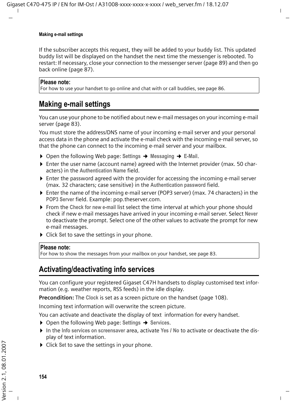 Making e-mail settings, Activating/deactivating info services | Siemens GIGASET C475 IP User Manual | Page 155 / 217