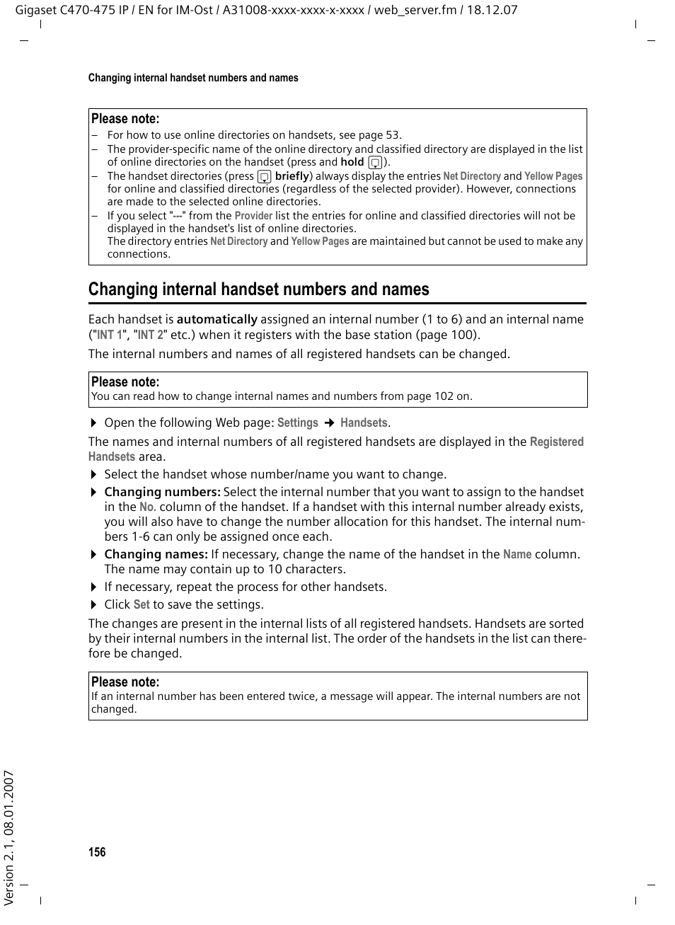 Changing internal handset numbers and names | Siemens GIGASET C475 IP User Manual | Page 157 / 217