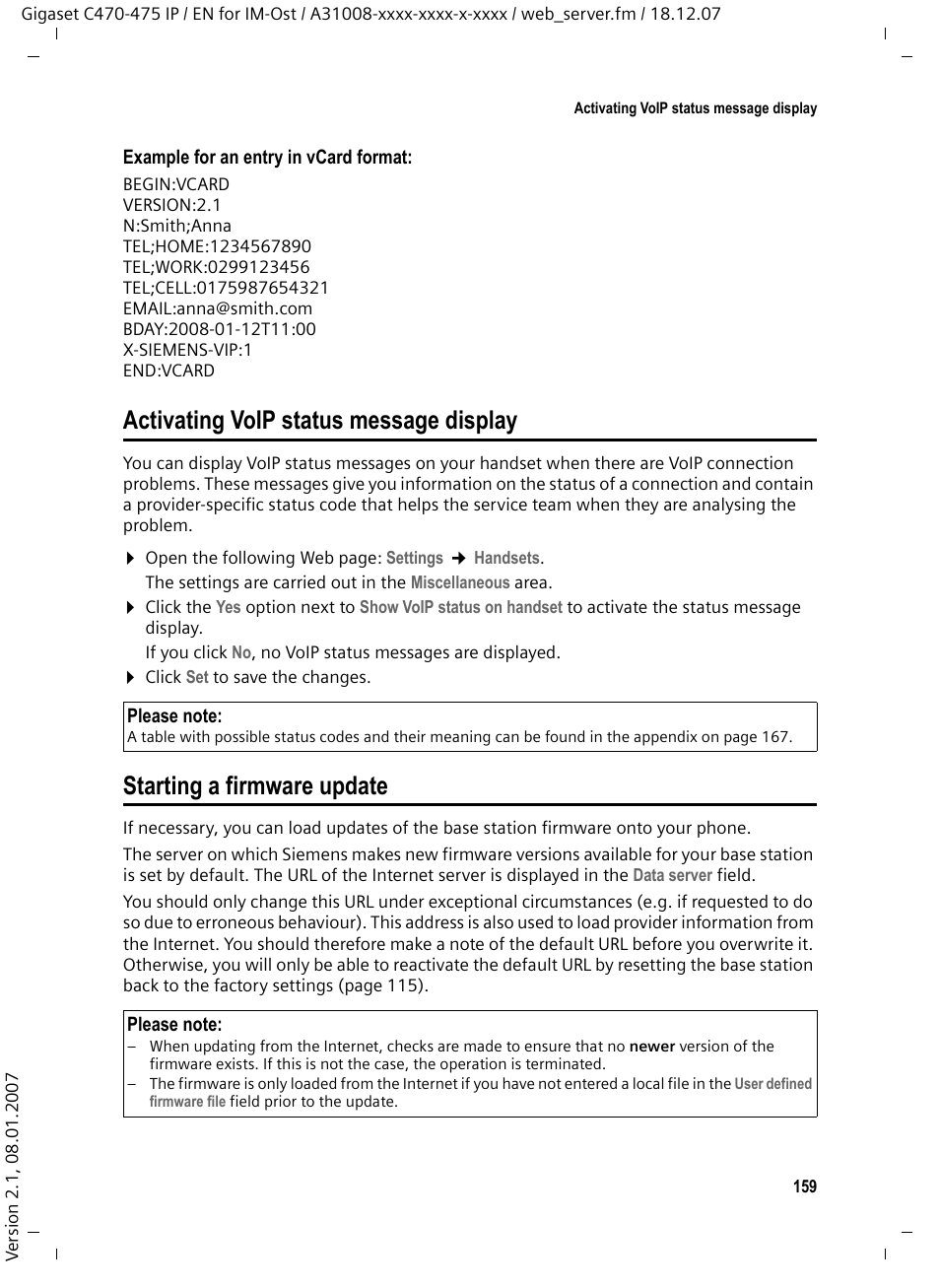 Activating voip status message display, Starting a firmware update | Siemens GIGASET C475 IP User Manual | Page 160 / 217