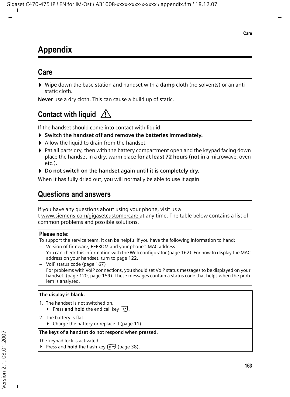 Appendix, Care, Contact with liquid | Questions and answers, Care contact with liquid questions and answers | Siemens GIGASET C475 IP User Manual | Page 164 / 217