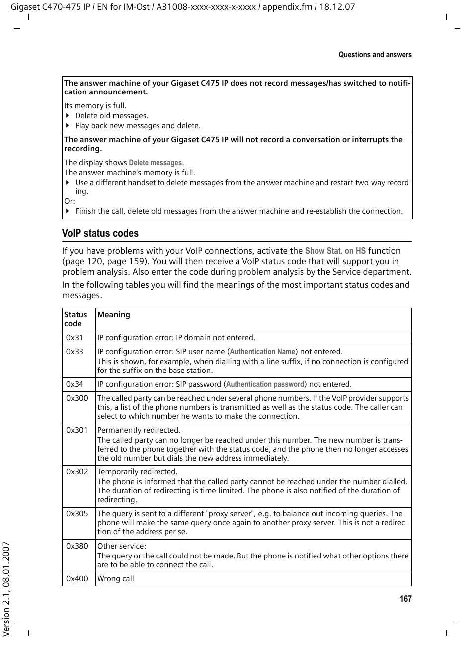 Voip status codes | Siemens GIGASET C475 IP User Manual | Page 168 / 217