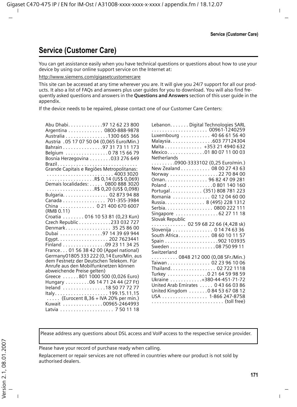 Service (customer care) | Siemens GIGASET C475 IP User Manual | Page 172 / 217