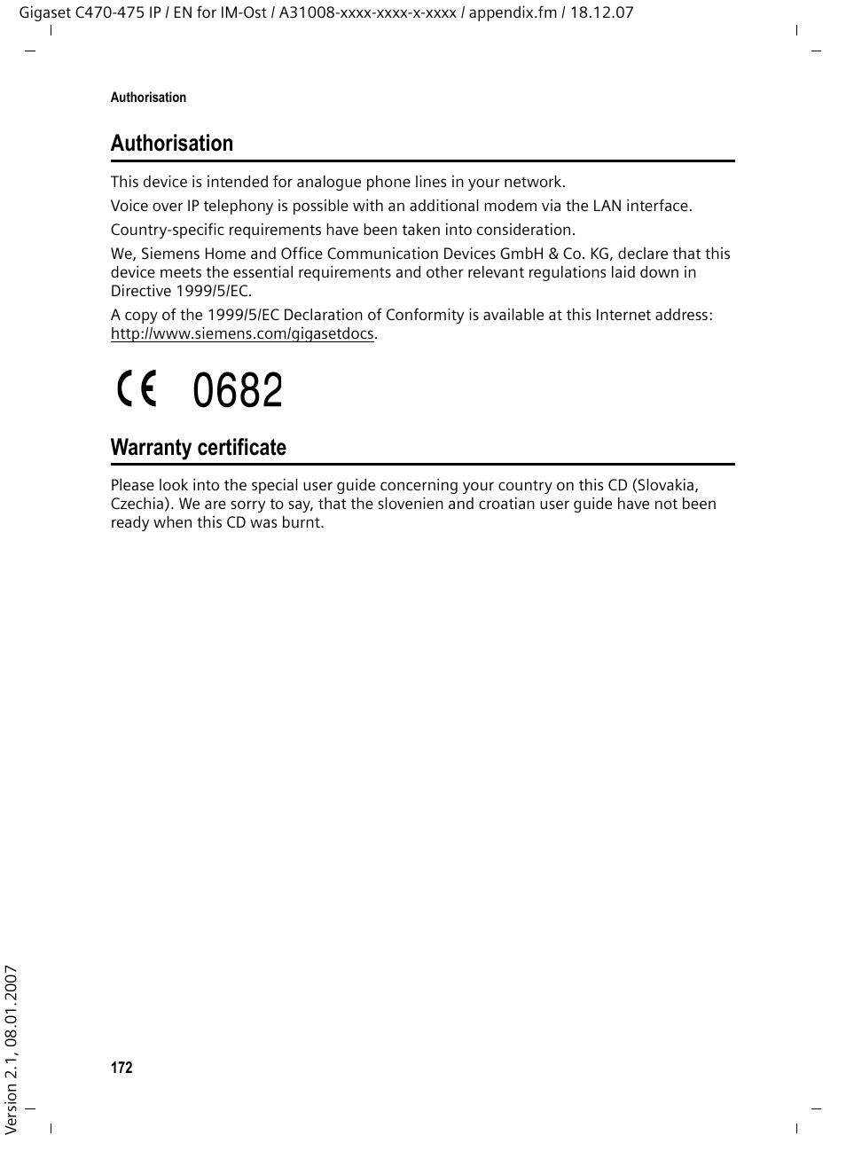 Authorisation, Warranty certificate, Authorisation warranty certificate | Siemens GIGASET C475 IP User Manual | Page 173 / 217
