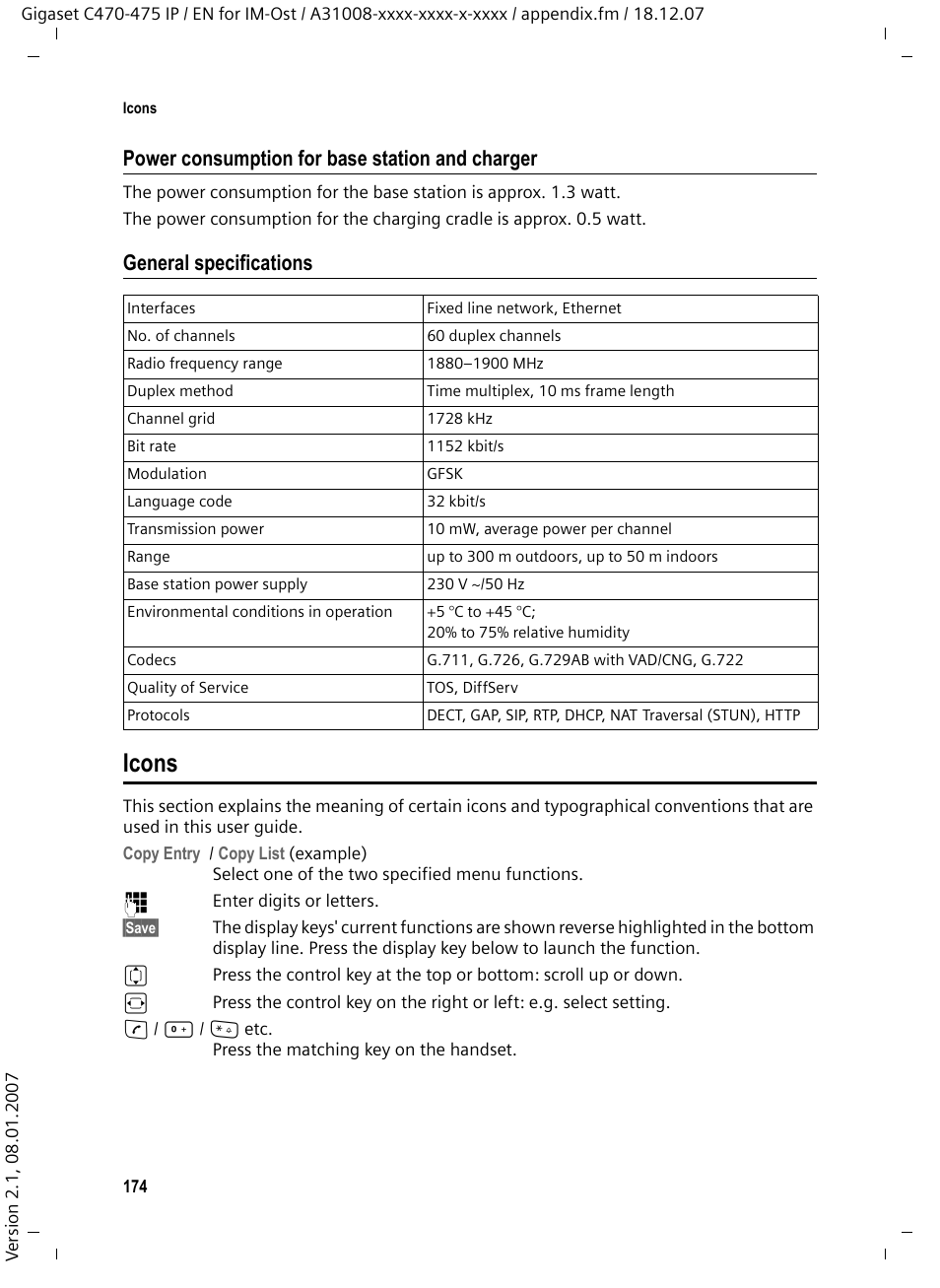 General specifications, Icons, Power consumption for base station and charger | Siemens GIGASET C475 IP User Manual | Page 175 / 217