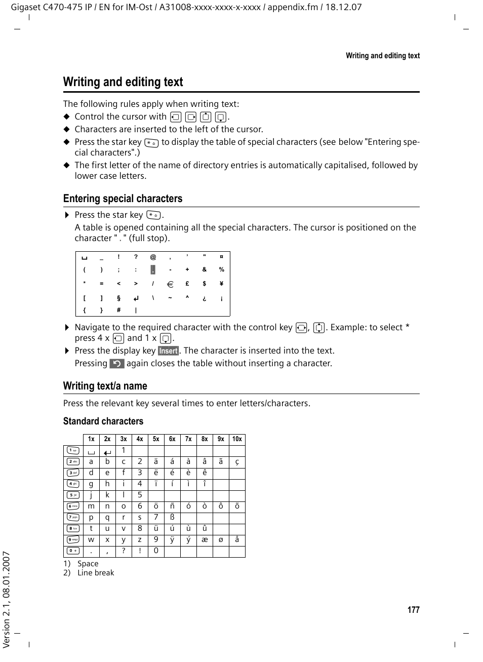 Writing and editing text, Entering special characters, Writing text/a name | Xt see, Standard characters | Siemens GIGASET C475 IP User Manual | Page 178 / 217