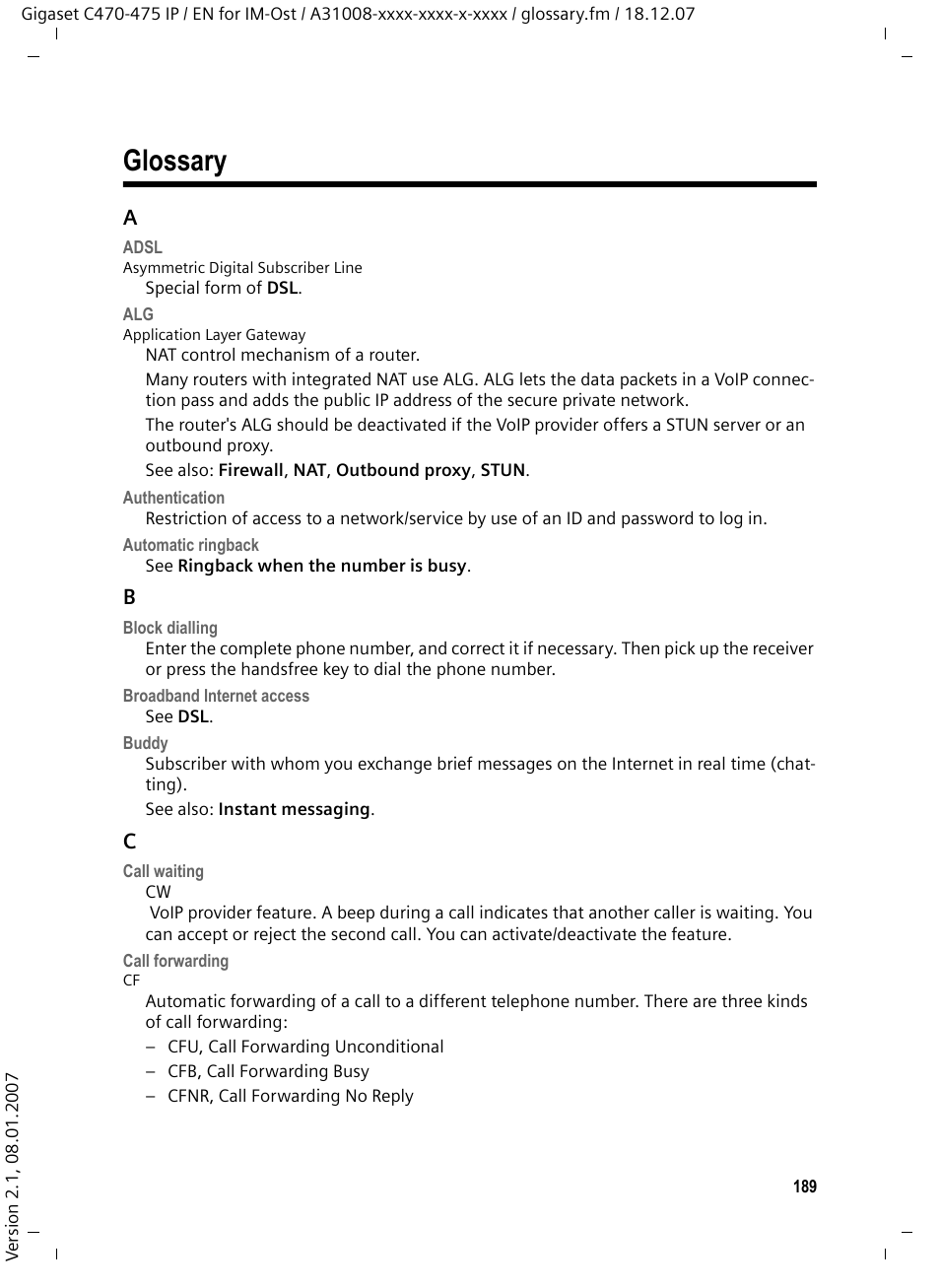 Glossary | Siemens GIGASET C475 IP User Manual | Page 190 / 217