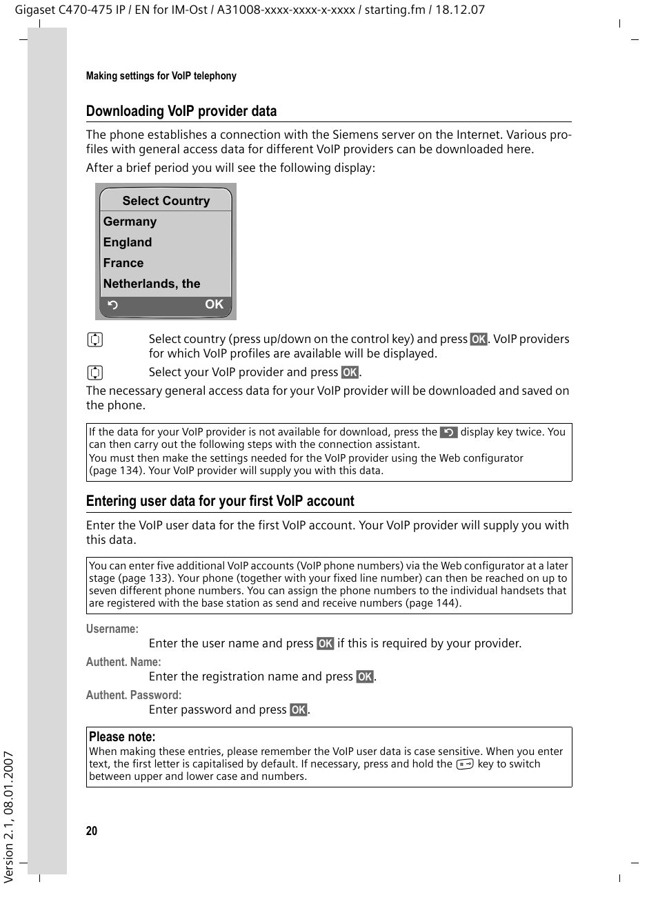 Entering user data for your first voip account, Downloading voip provider data | Siemens GIGASET C475 IP User Manual | Page 21 / 217