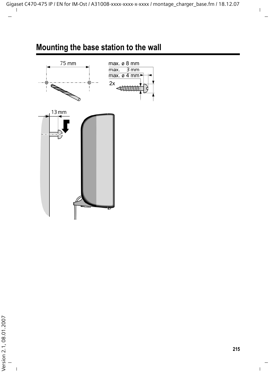 Mounting the base station to the wall | Siemens GIGASET C475 IP User Manual | Page 216 / 217