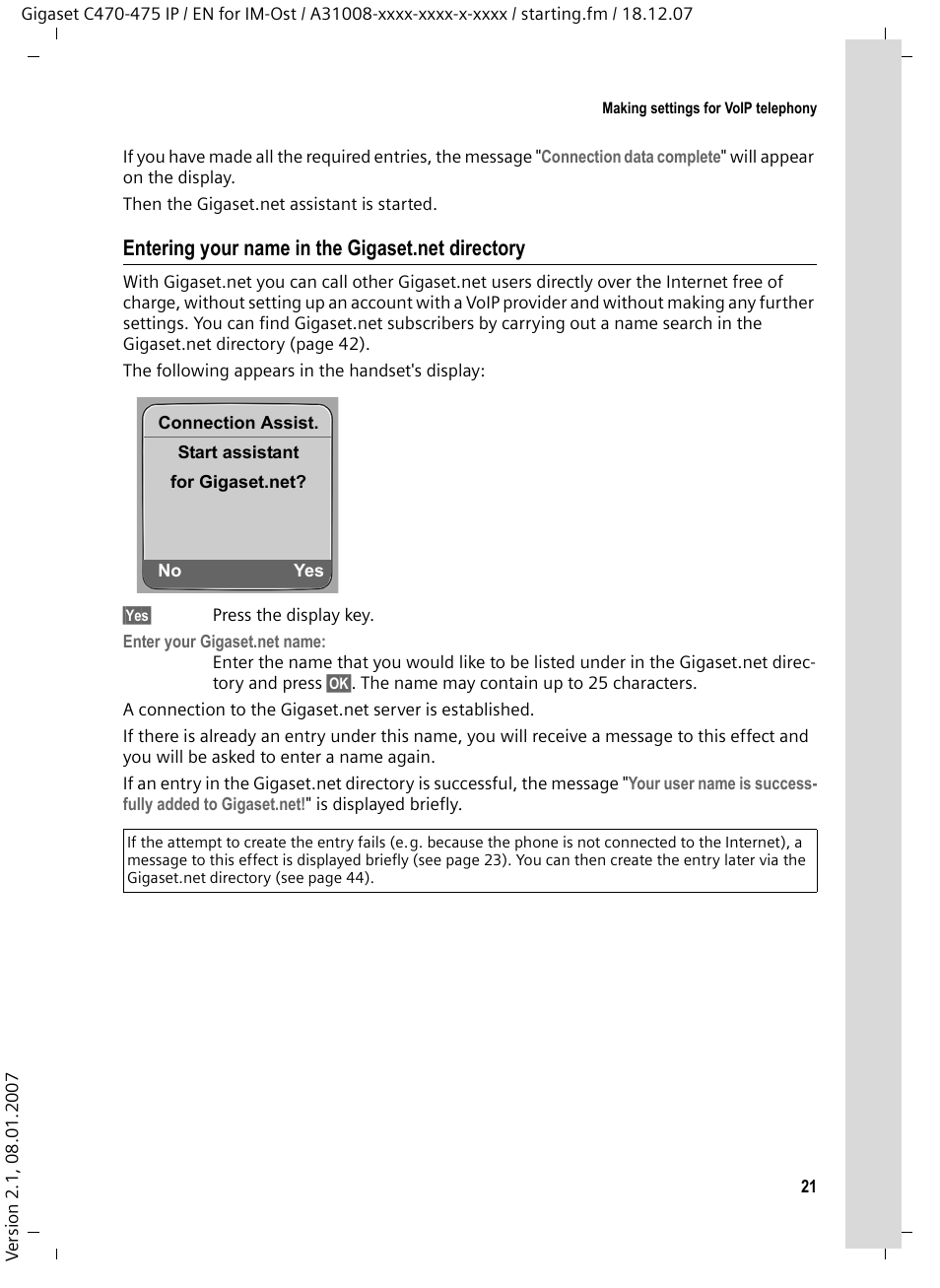 Entering your name in the gigaset.net directory, Entering your name in the, Gigaset.net directory" o | Siemens GIGASET C475 IP User Manual | Page 22 / 217