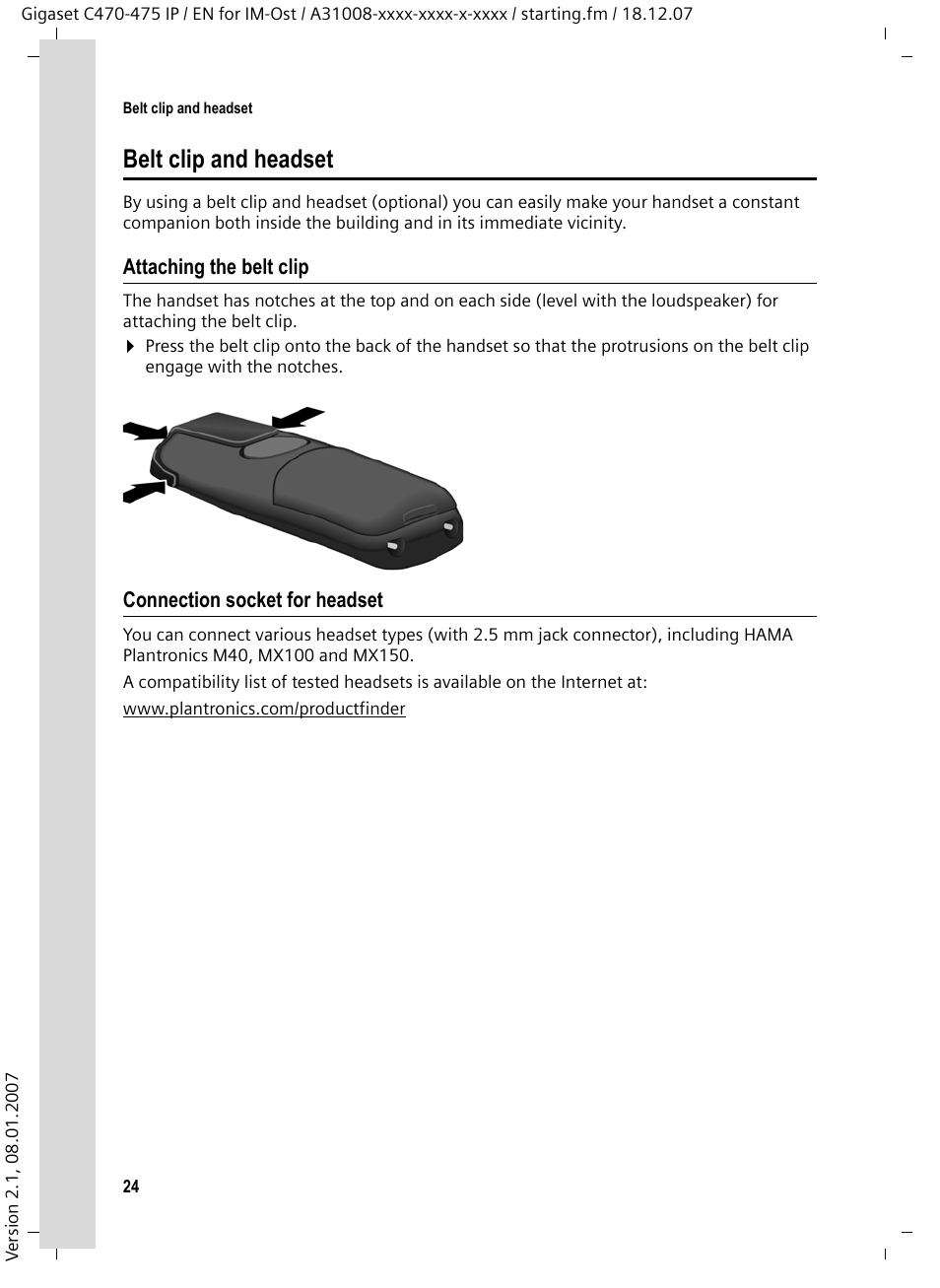 Belt clip and headset, Attaching the belt clip, Connection socket for headset | Siemens GIGASET C475 IP User Manual | Page 25 / 217