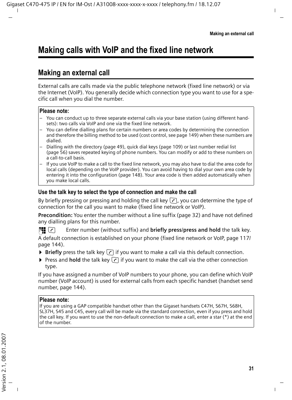 Making calls with voip and the fixed line network, Making an external call | Siemens GIGASET C475 IP User Manual | Page 32 / 217