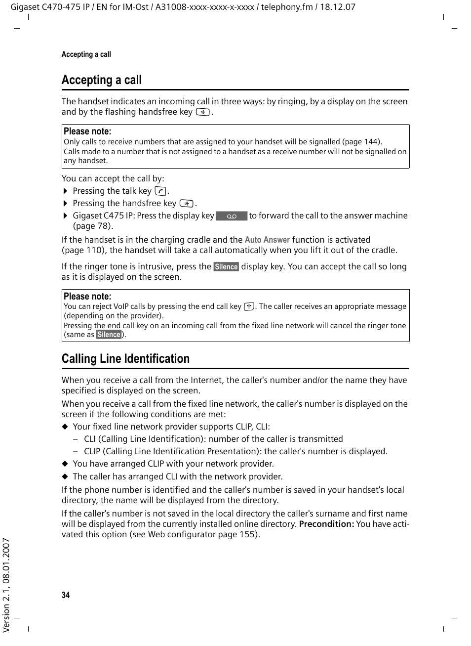 Accepting a call, Calling line identification, Accepting a call calling line identification | Siemens GIGASET C475 IP User Manual | Page 35 / 217