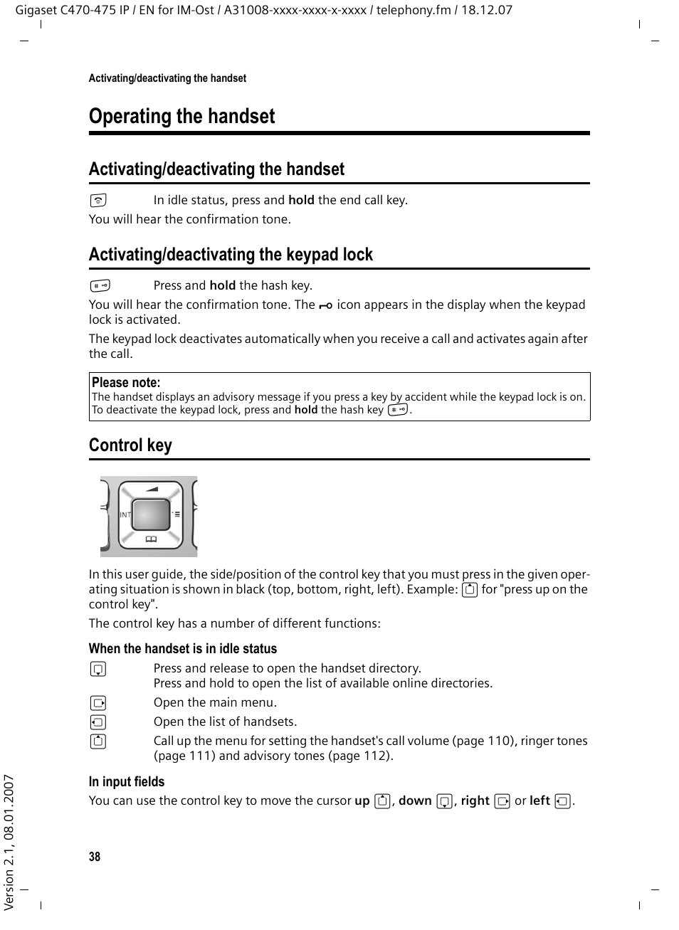 Operating the handset, Activating/deactivating the handset, Activating/deactivating the keypad lock | Control key | Siemens GIGASET C475 IP User Manual | Page 39 / 217