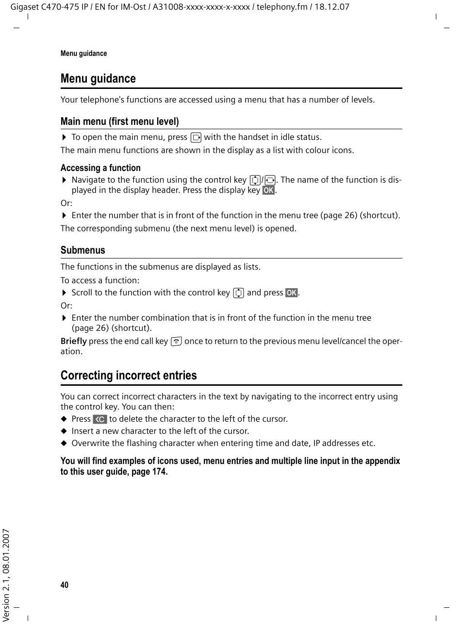 Menu guidance, Main menu (first menu level), Submenus | Correcting incorrect entries, Menu guidance correcting incorrect entries | Siemens GIGASET C475 IP User Manual | Page 41 / 217