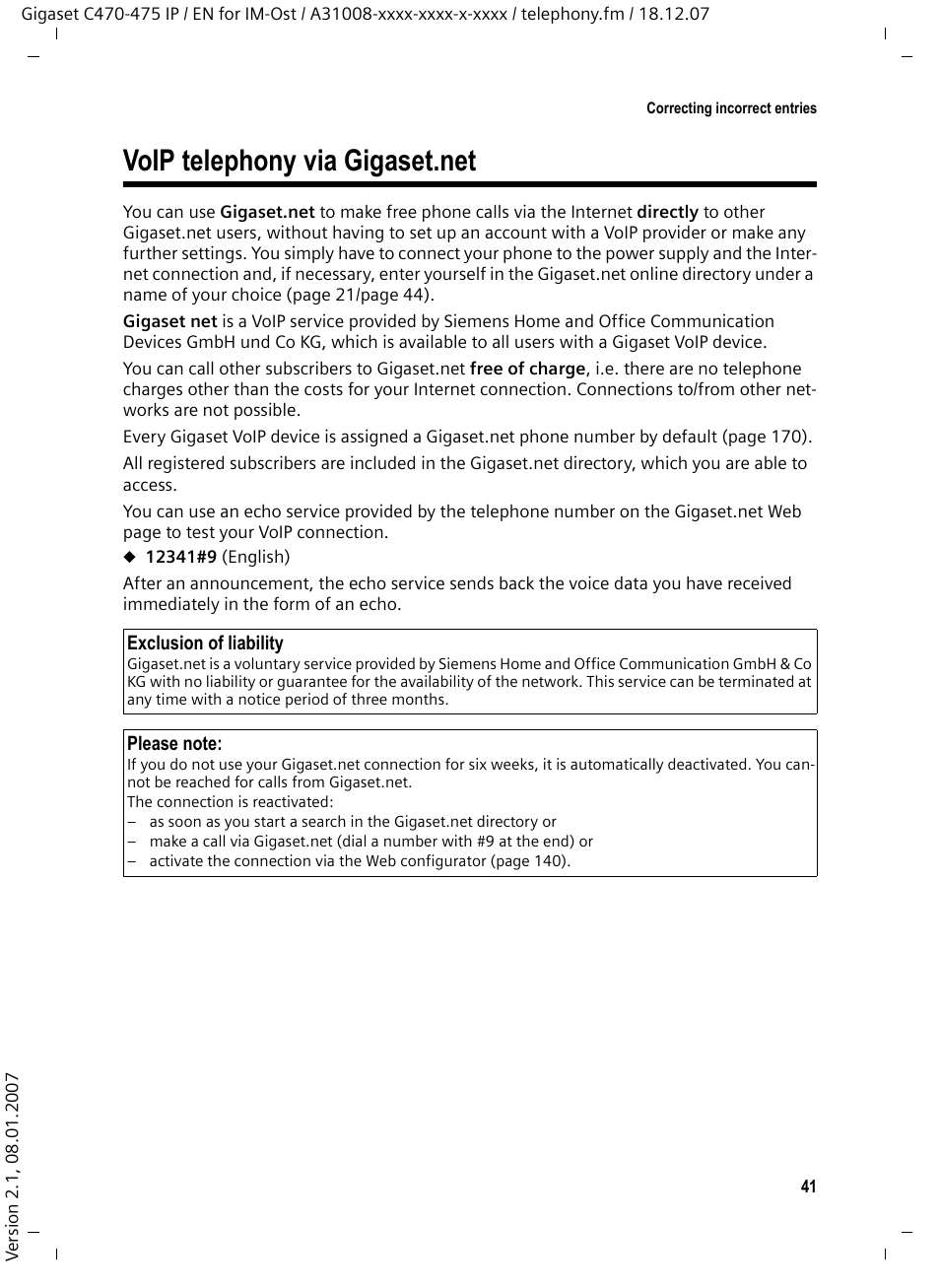 Voip telephony via gigaset.net | Siemens GIGASET C475 IP User Manual | Page 42 / 217