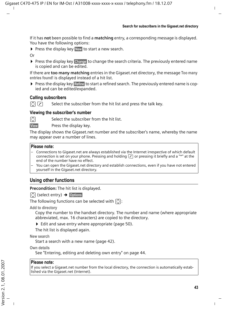 Using other functions | Siemens GIGASET C475 IP User Manual | Page 44 / 217