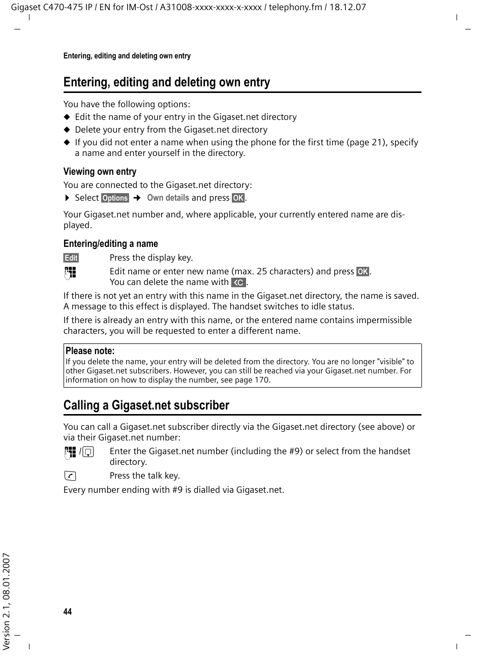 Entering, editing and deleting own entry, Calling a gigaset.net subscriber | Siemens GIGASET C475 IP User Manual | Page 45 / 217