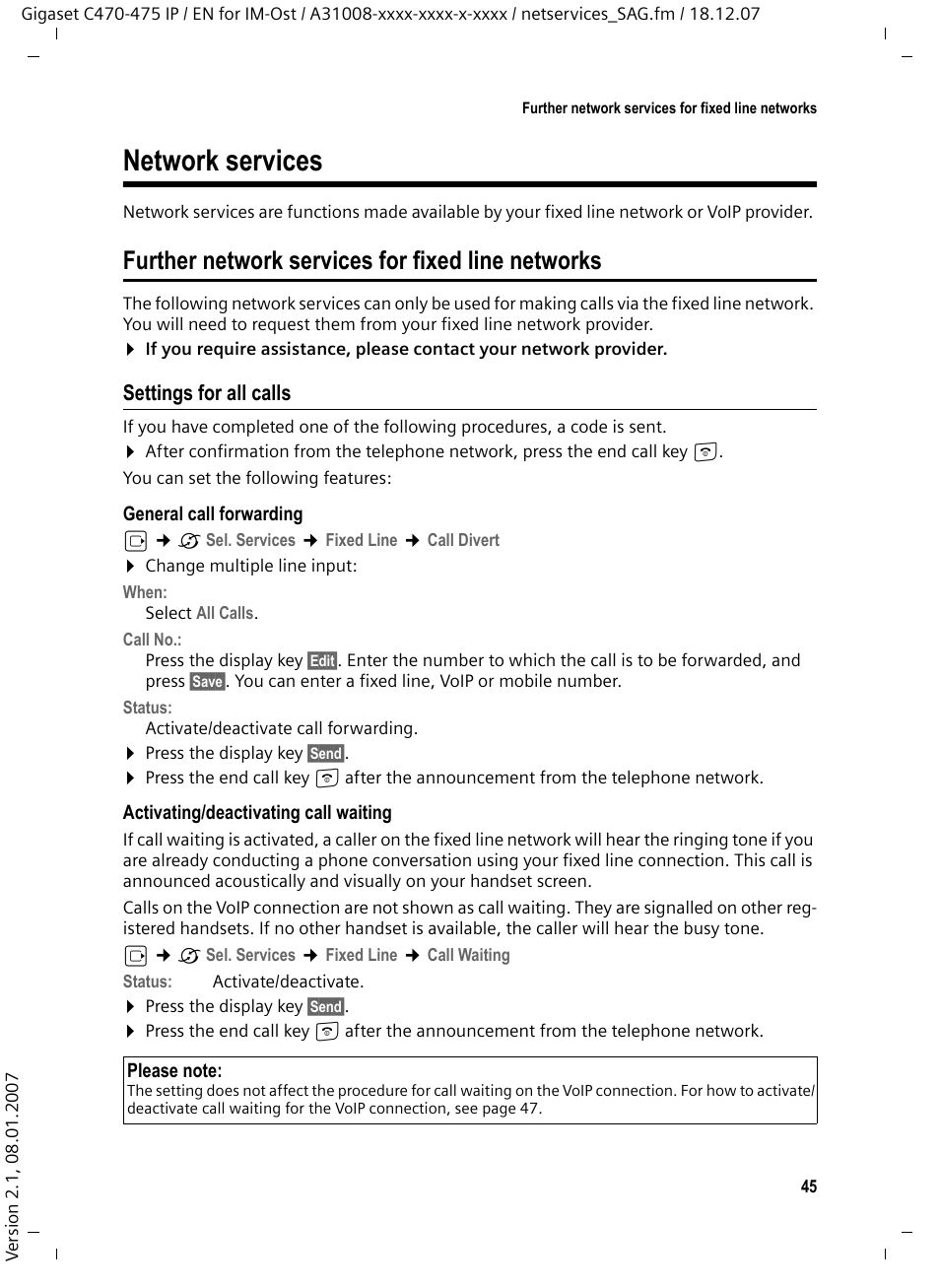 Network services, Further network services for fixed line networks, Settings for all calls | Siemens GIGASET C475 IP User Manual | Page 46 / 217