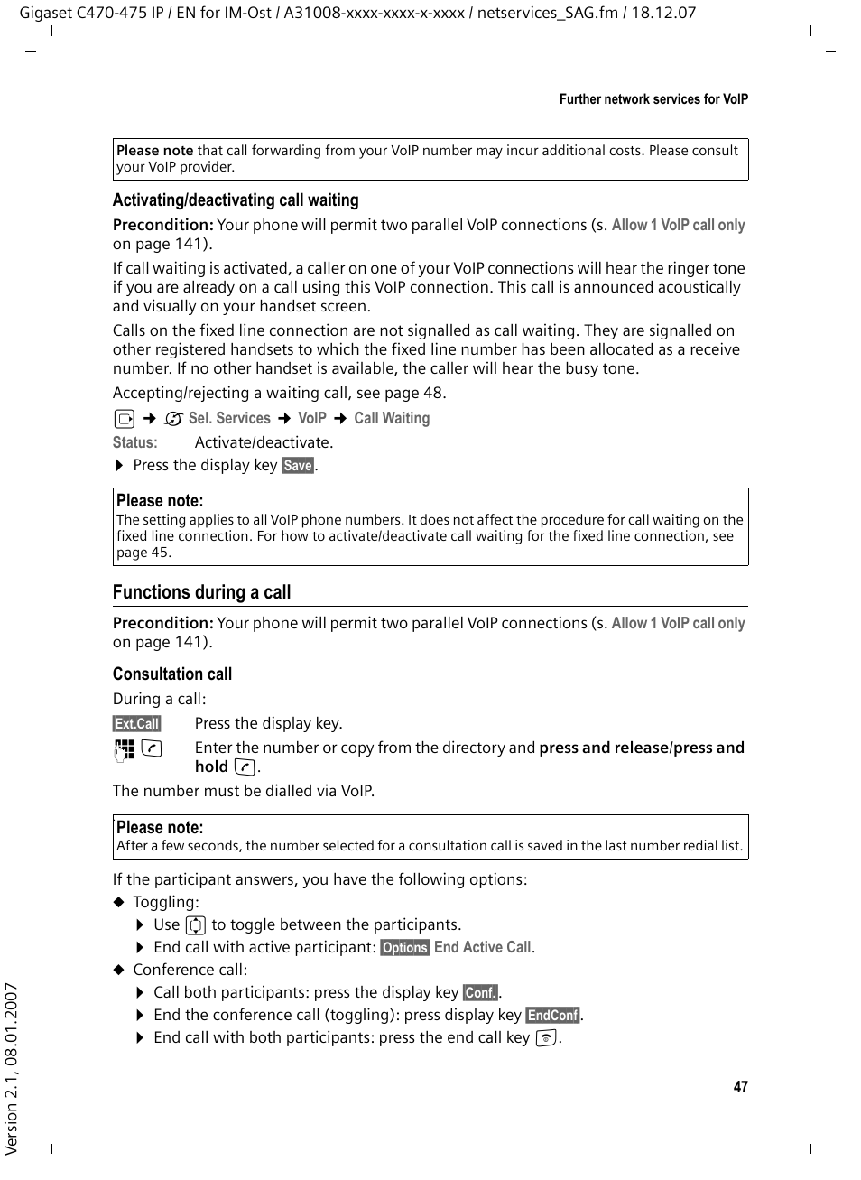 Functions during a call | Siemens GIGASET C475 IP User Manual | Page 48 / 217