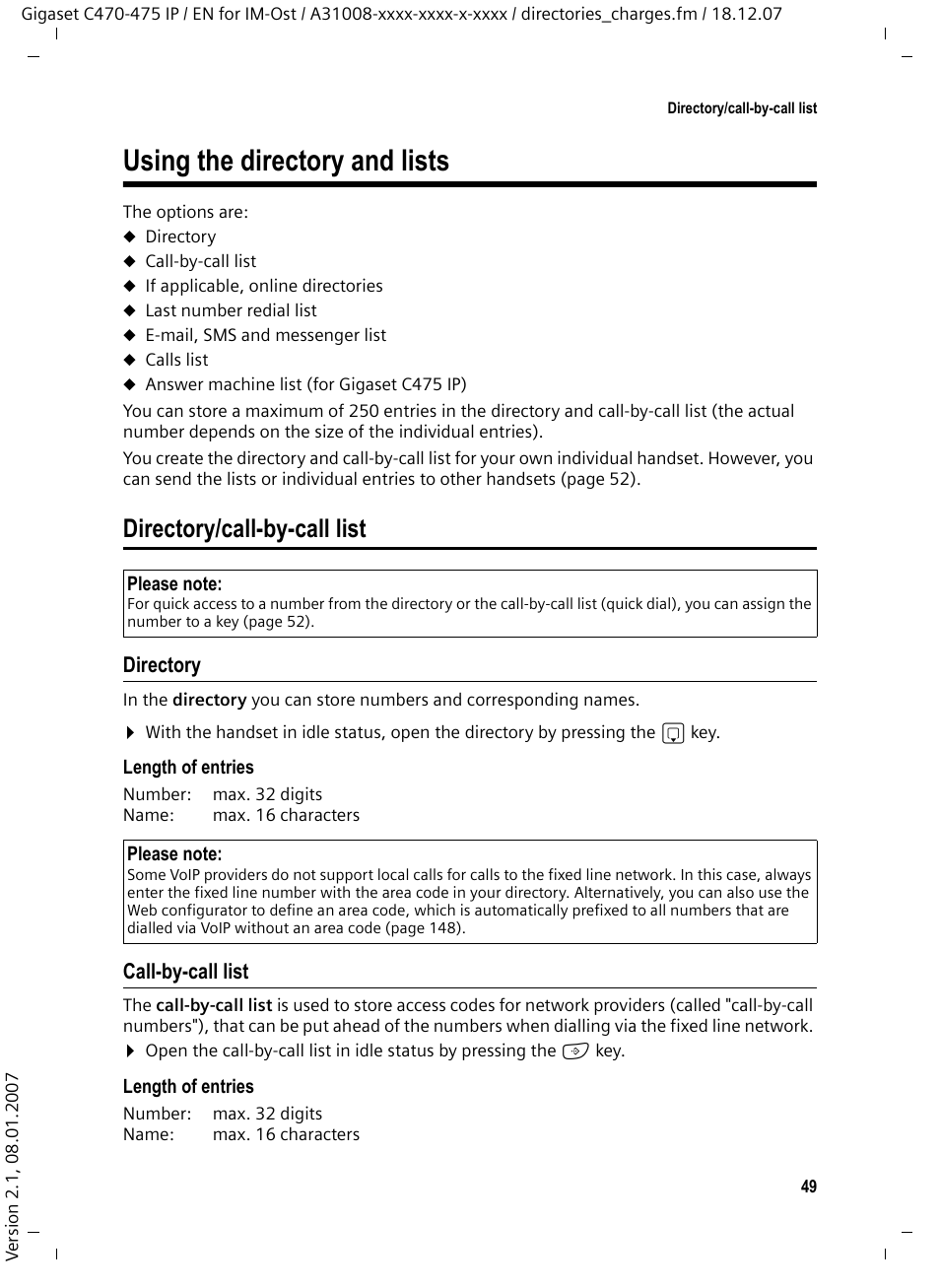 Using the directory and lists, Directory/call-by-call list, Directory | Call-by-call list | Siemens GIGASET C475 IP User Manual | Page 50 / 217