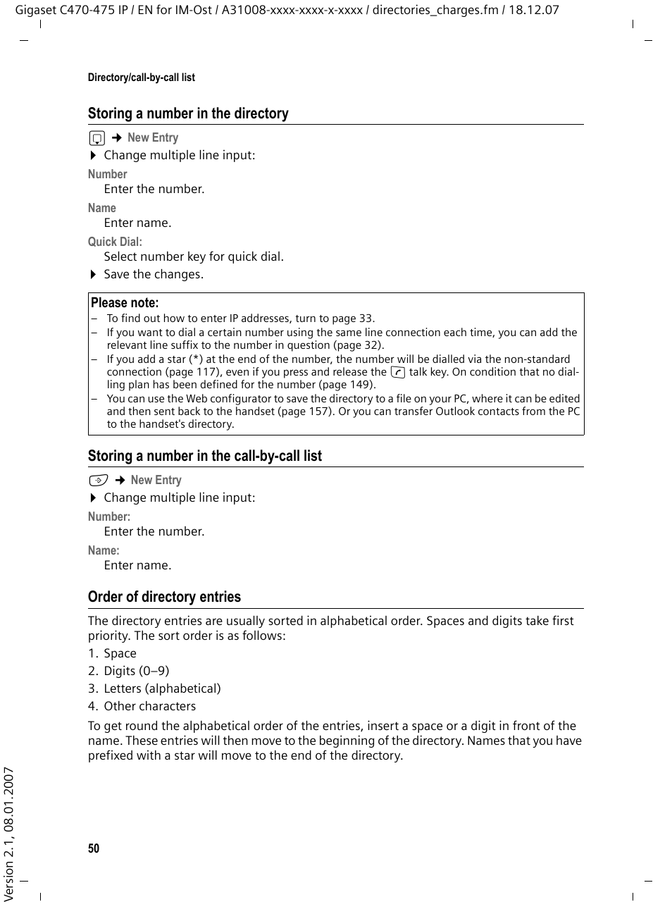 Storing a number in the directory, Storing a number in the call-by-call list, Order of directory entries | Siemens GIGASET C475 IP User Manual | Page 51 / 217