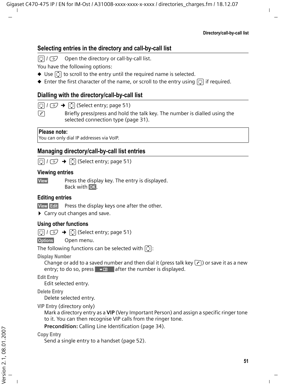 Dialling with the directory/call-by-call list, Managing directory/call-by-call list entries | Siemens GIGASET C475 IP User Manual | Page 52 / 217