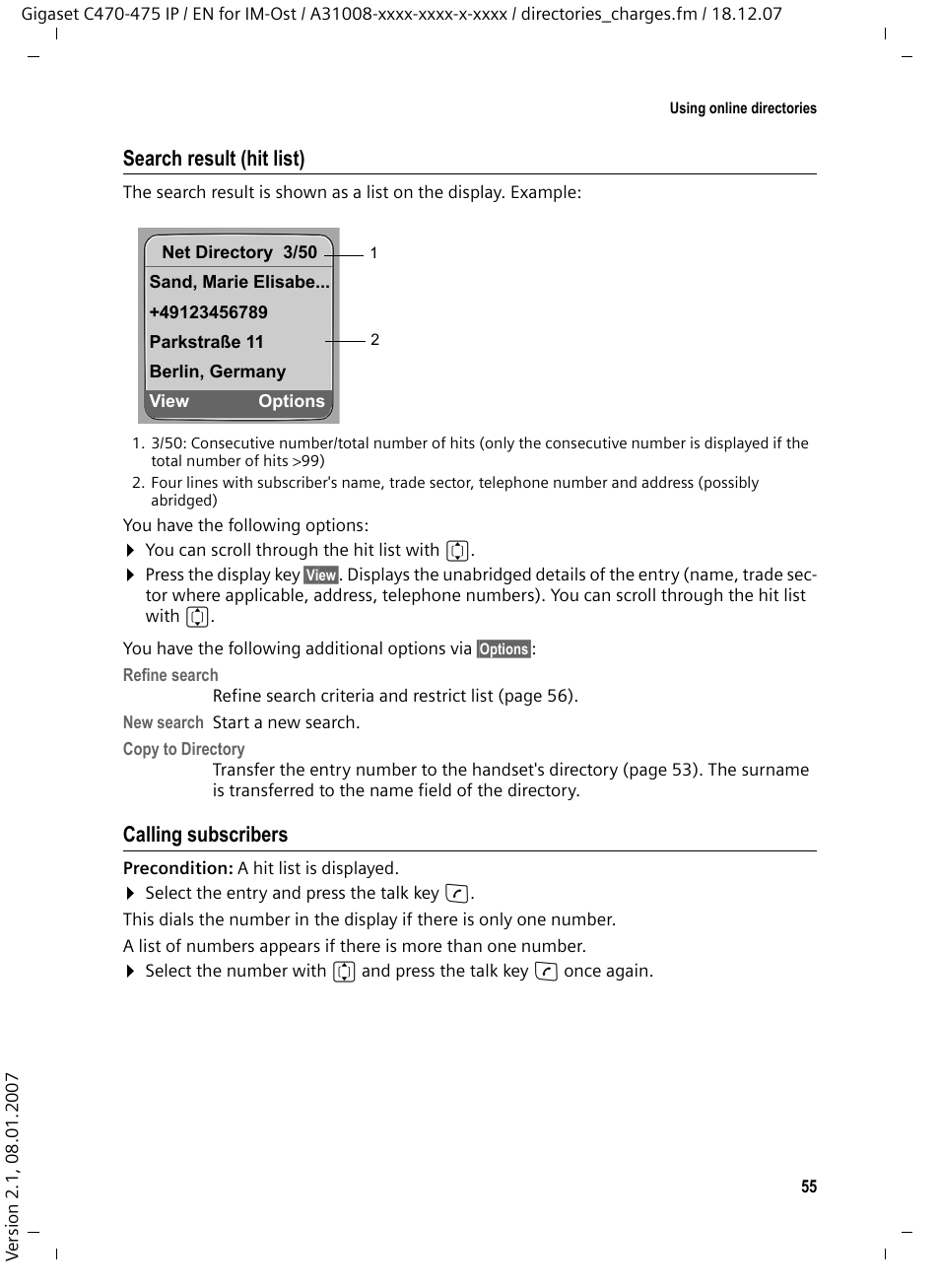 Calling subscribers, Search result (hit list) | Siemens GIGASET C475 IP User Manual | Page 56 / 217