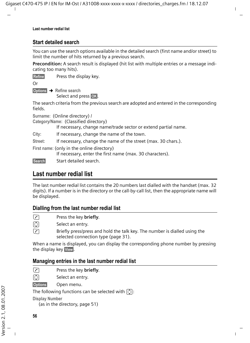 Last number redial list, Dialling from the last number redial list, Managing entries in the last number redial list | Start detailed search | Siemens GIGASET C475 IP User Manual | Page 57 / 217