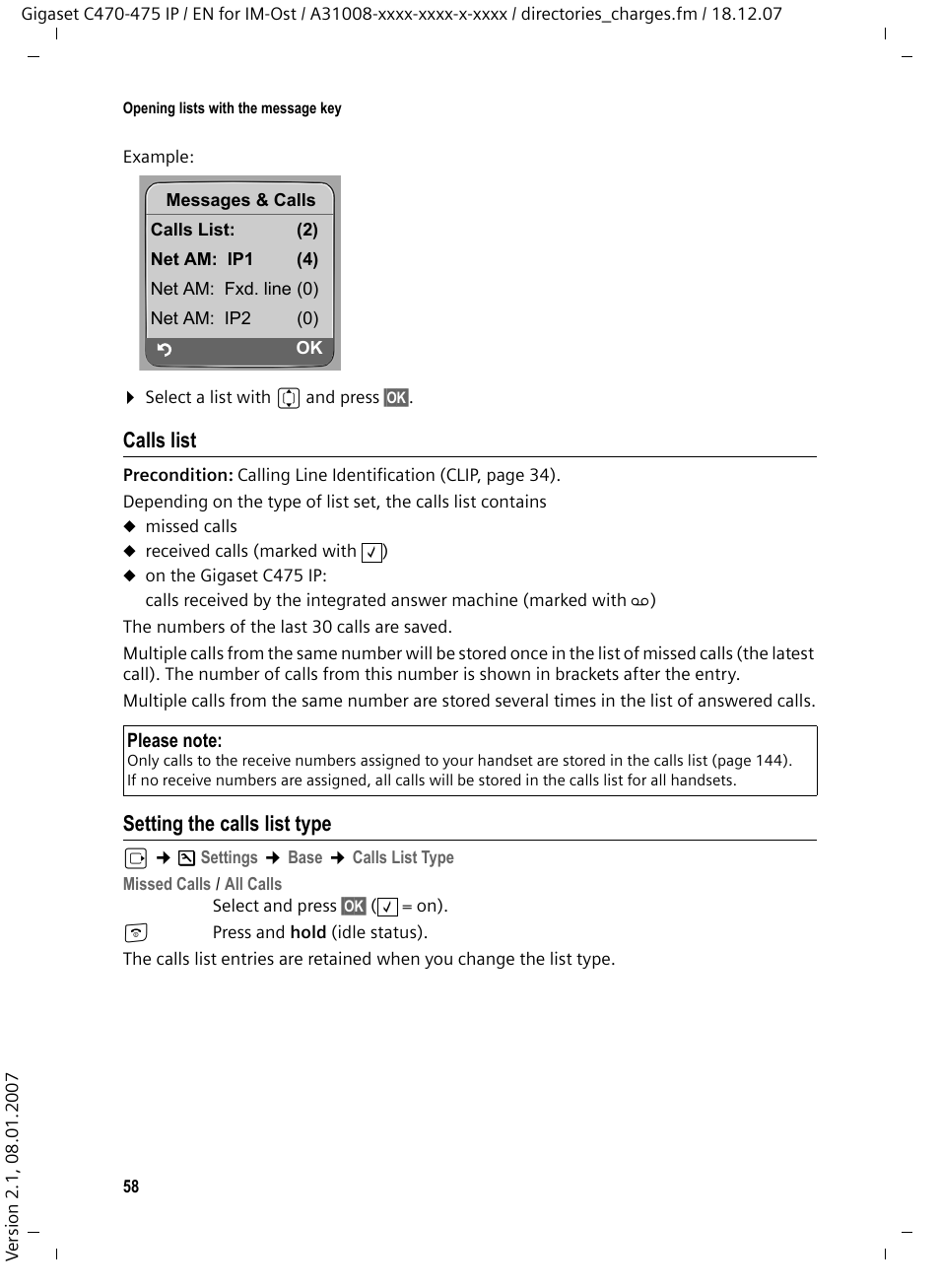 Calls list, Setting the calls list type | Siemens GIGASET C475 IP User Manual | Page 59 / 217