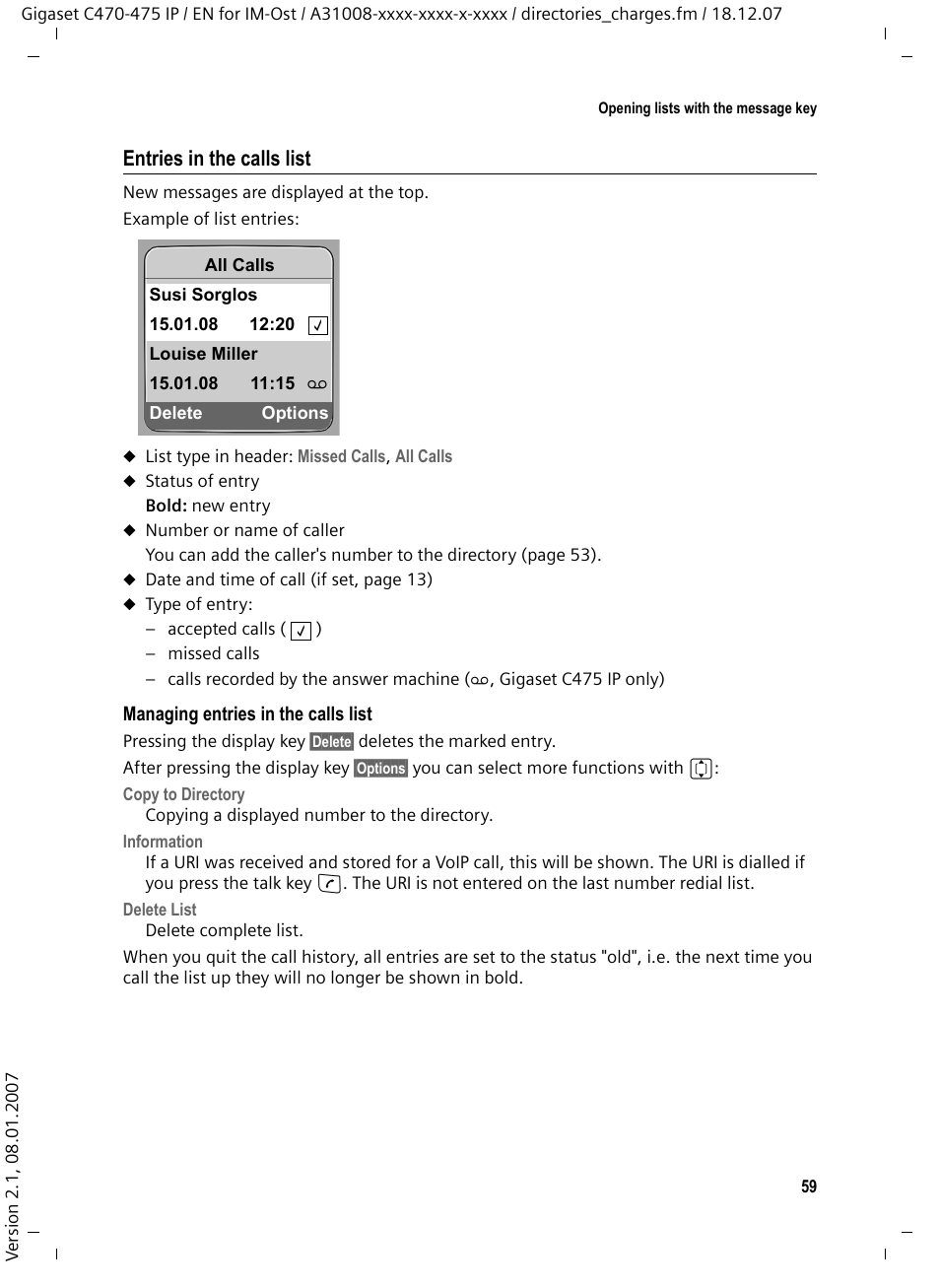 Entries in the calls list | Siemens GIGASET C475 IP User Manual | Page 60 / 217