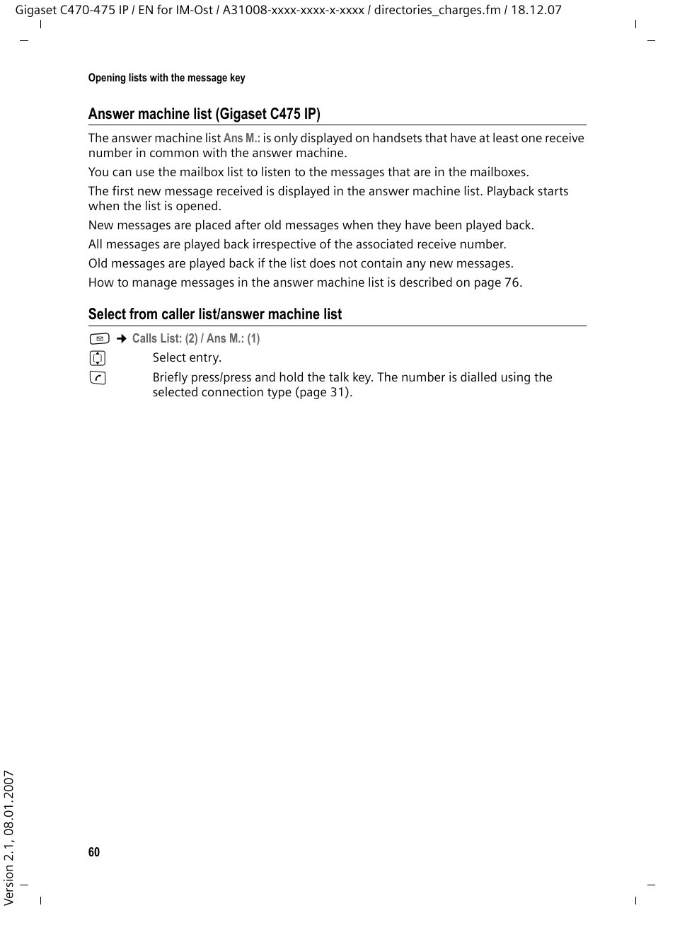 Select from caller list/answer machine list | Siemens GIGASET C475 IP User Manual | Page 61 / 217