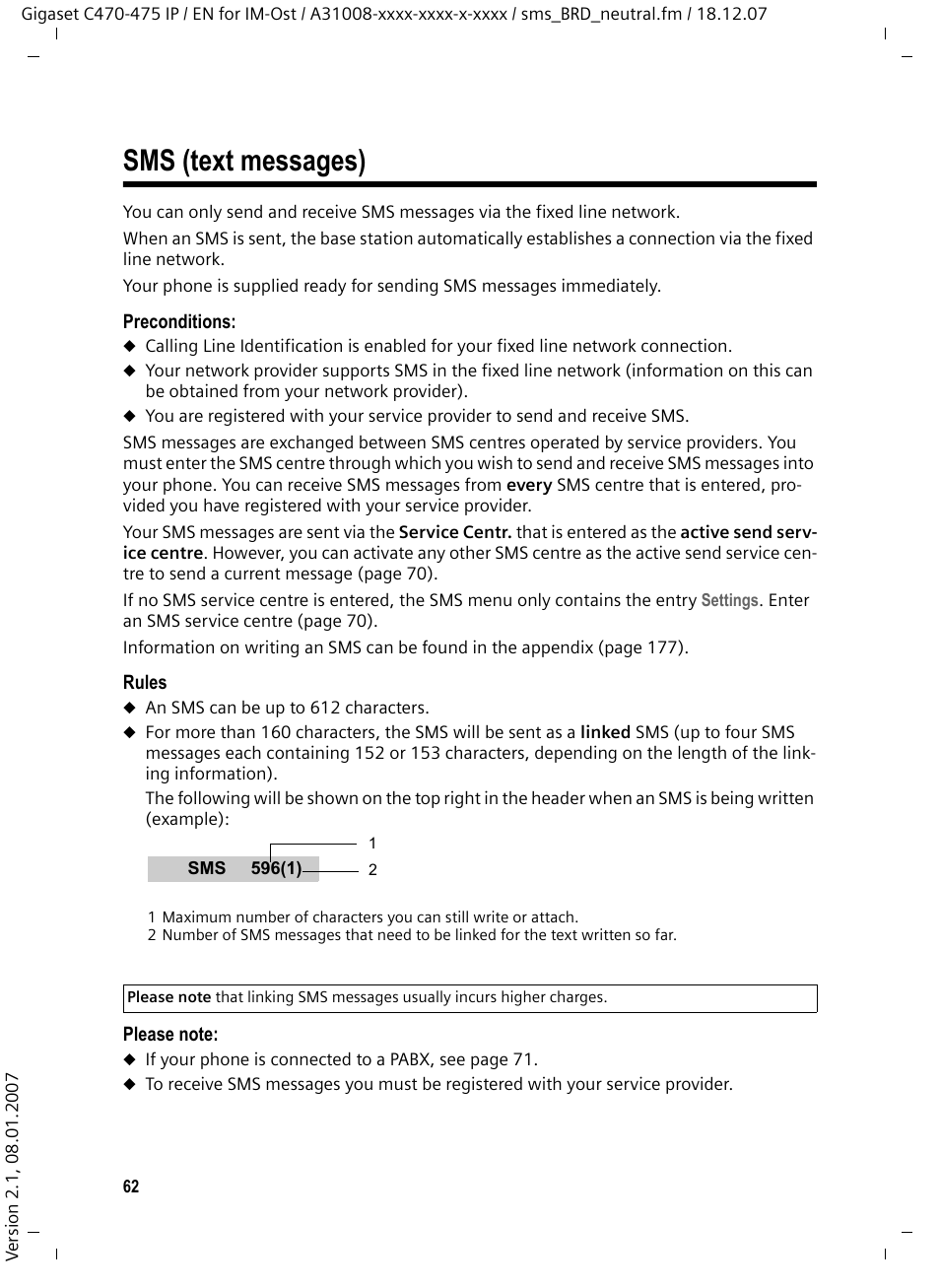 Sms (text messages) | Siemens GIGASET C475 IP User Manual | Page 63 / 217