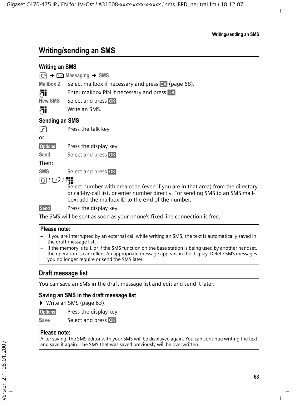 Writing/sending an sms, Draft message list | Siemens GIGASET C475 IP User Manual | Page 64 / 217