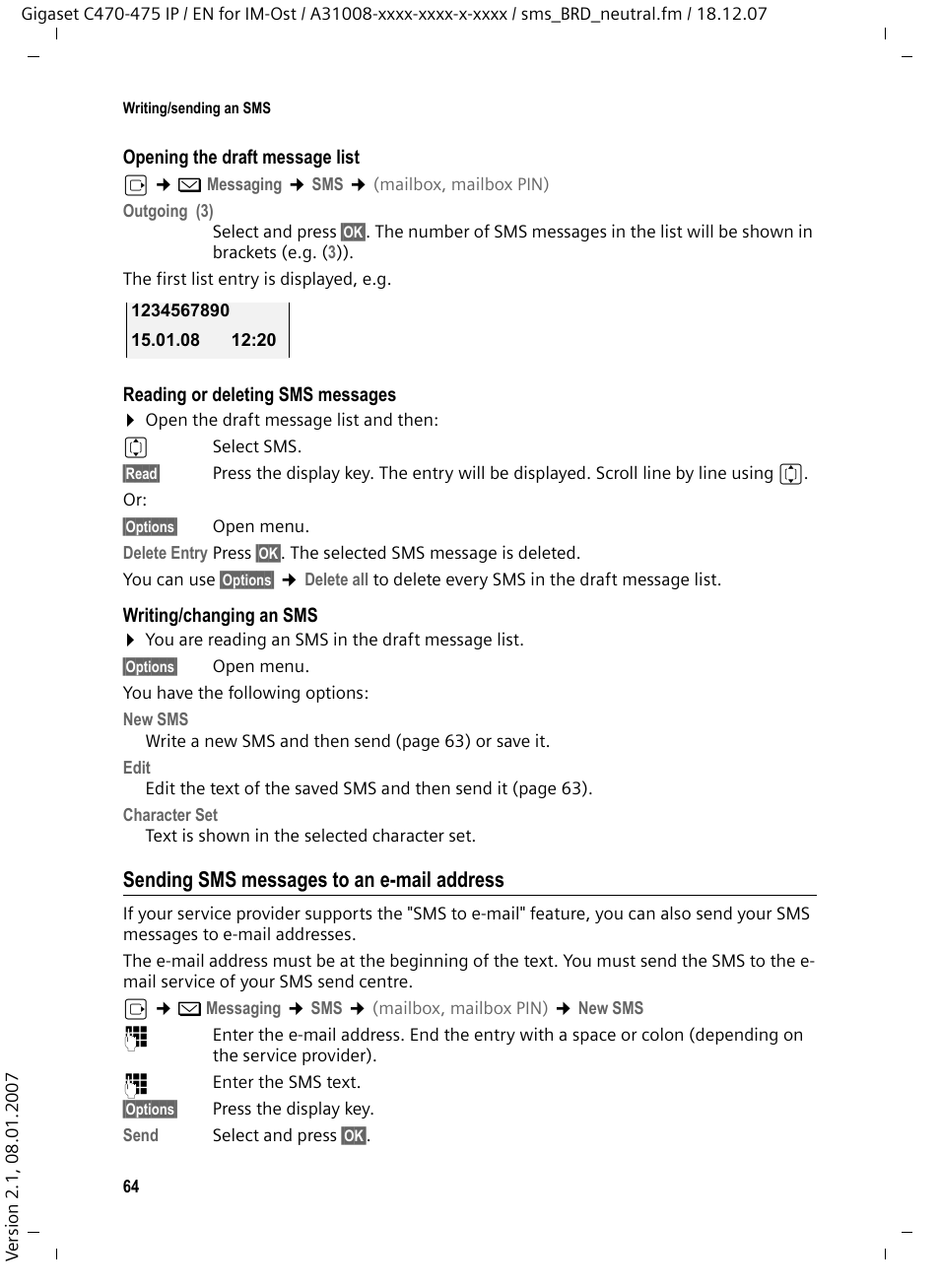 Sending sms messages to an e-mail address | Siemens GIGASET C475 IP User Manual | Page 65 / 217