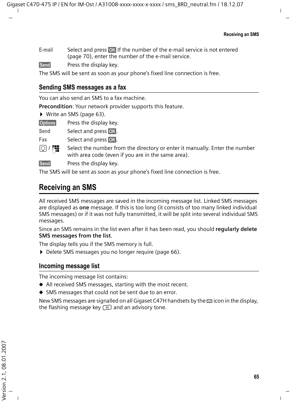 Sending sms messages as a fax, Receiving an sms, Incoming message list | Siemens GIGASET C475 IP User Manual | Page 66 / 217