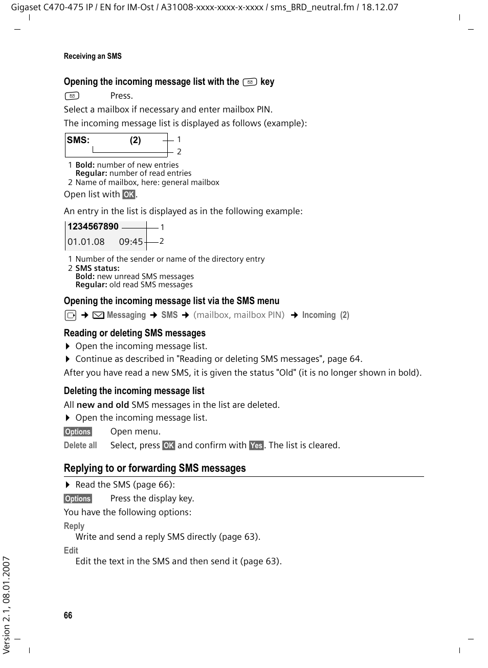 Replying to or forwarding sms messages | Siemens GIGASET C475 IP User Manual | Page 67 / 217