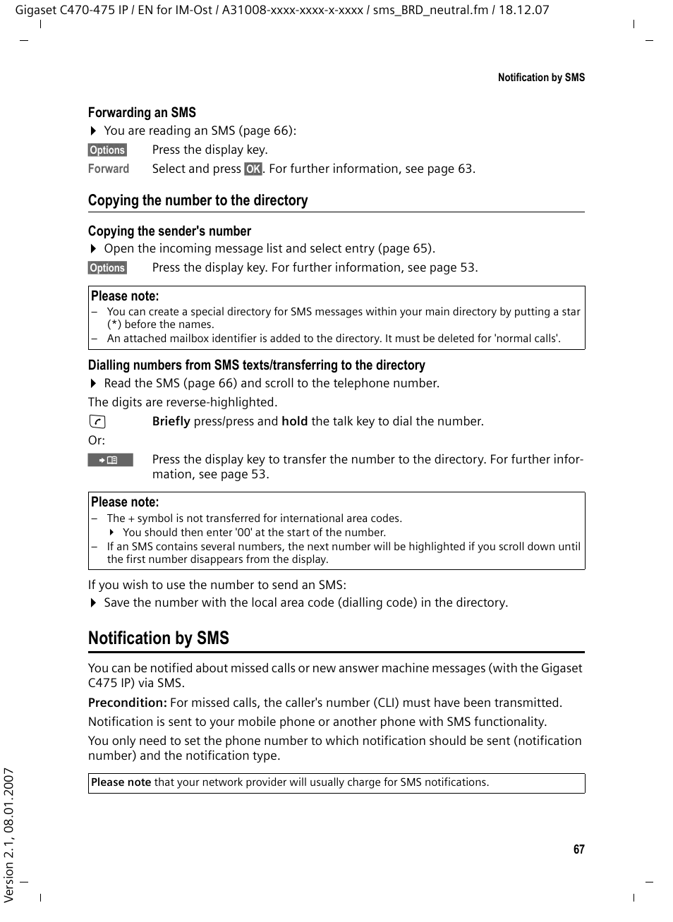 Copying the number to the directory, Notification by sms | Siemens GIGASET C475 IP User Manual | Page 68 / 217