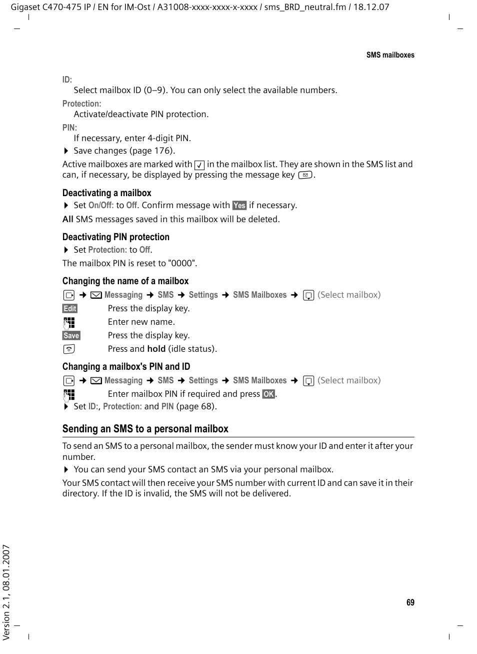 Sending an sms to a personal mailbox | Siemens GIGASET C475 IP User Manual | Page 70 / 217