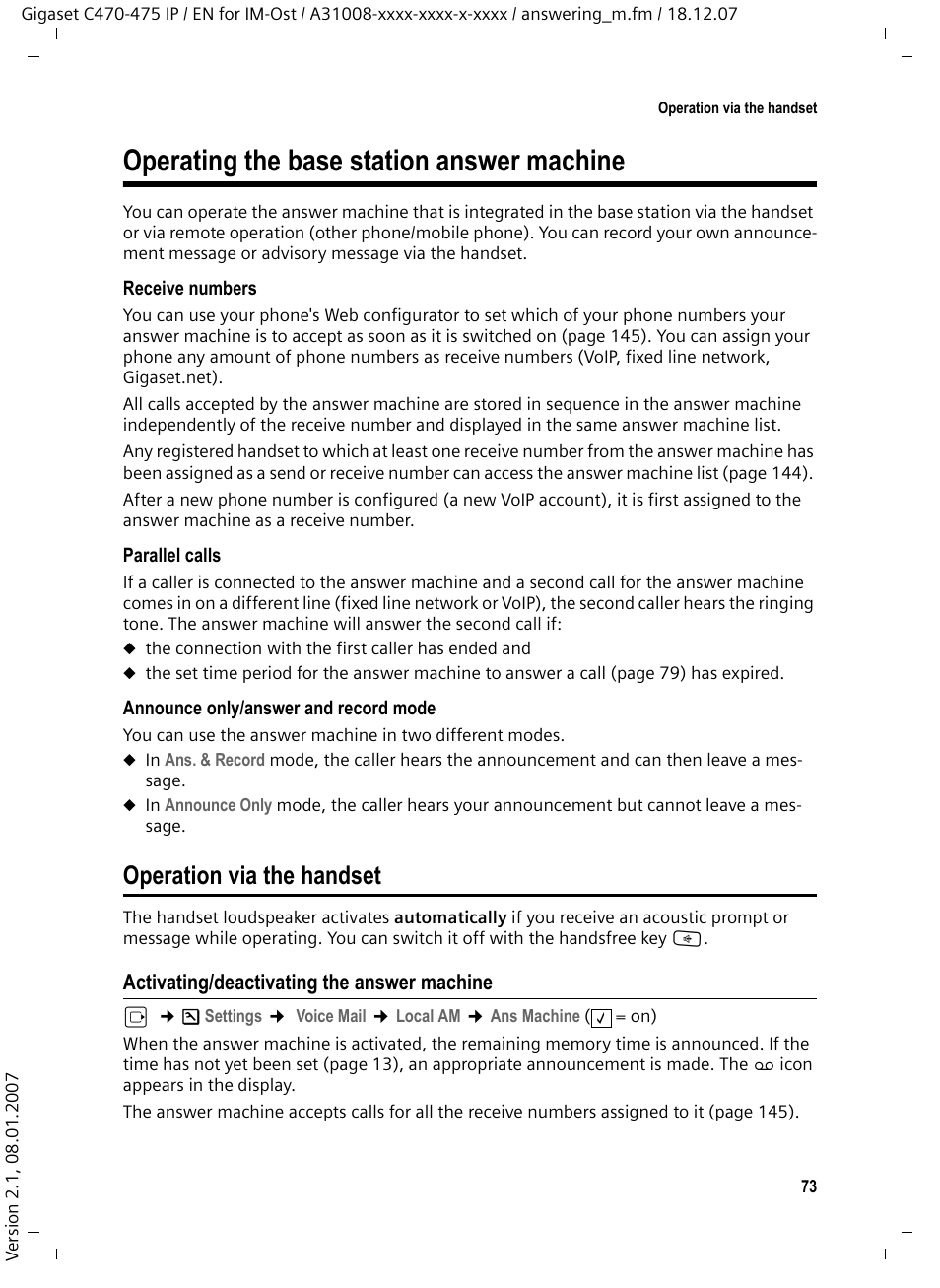 Operating the base station answer machine, Operation via the handset, Activating/deactivating the answer machine | Siemens GIGASET C475 IP User Manual | Page 74 / 217