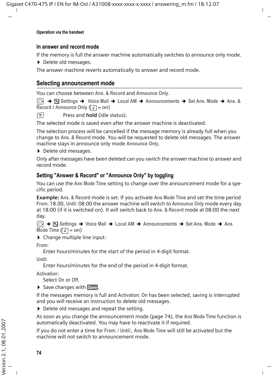 Selecting announcement mode | Siemens GIGASET C475 IP User Manual | Page 75 / 217