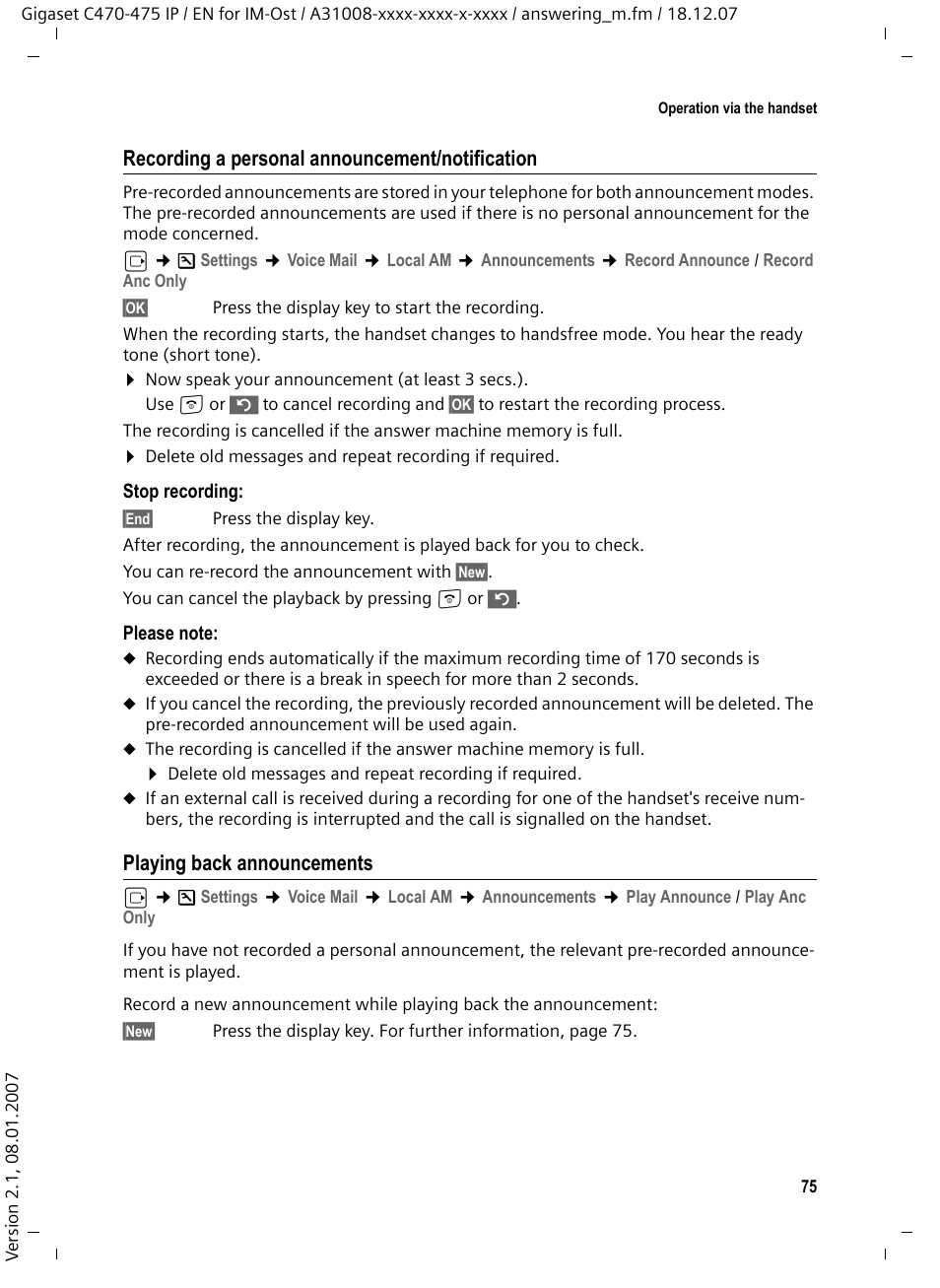 Recording a personal announcement/notification, Playing back announcements | Siemens GIGASET C475 IP User Manual | Page 76 / 217