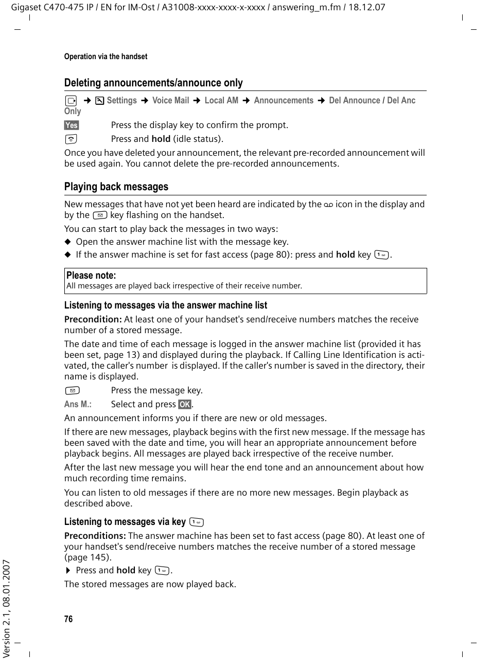 Playing back messages | Siemens GIGASET C475 IP User Manual | Page 77 / 217