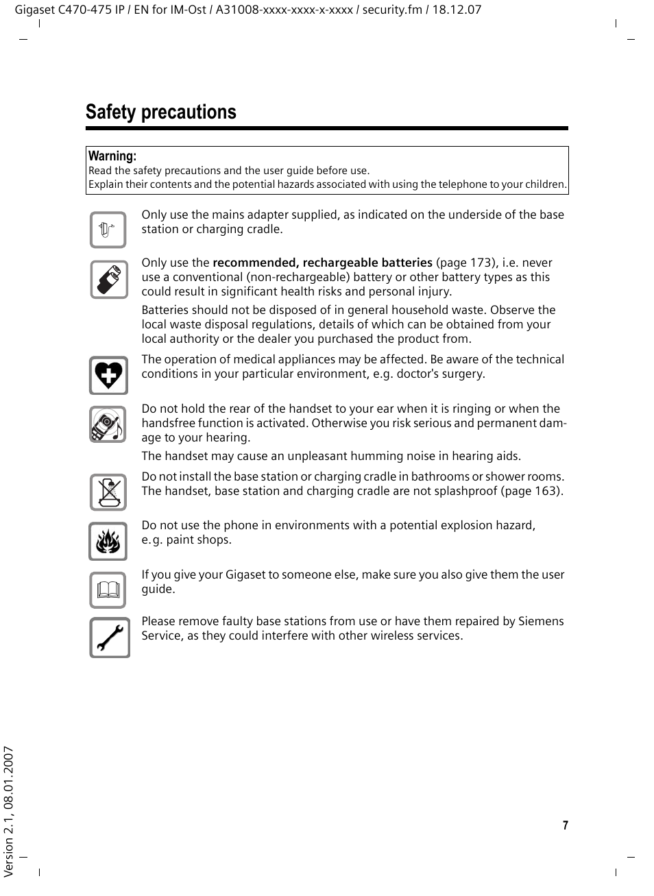 Safety precautions | Siemens GIGASET C475 IP User Manual | Page 8 / 217