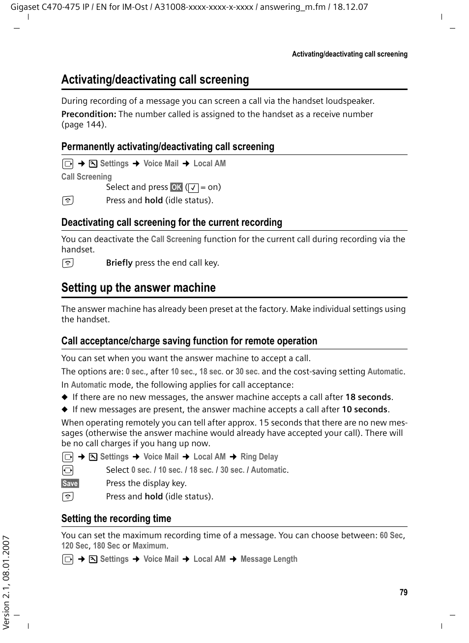 Activating/deactivating call screening, Permanently activating/deactivating call screening, Setting up the answer machine | Setting the recording time | Siemens GIGASET C475 IP User Manual | Page 80 / 217